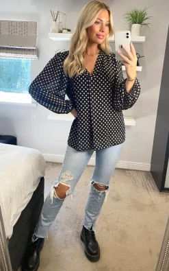 Best Pirce ❤️ KURT MULLER Royal Blue Polka Dot V Neck Blouse 🎁