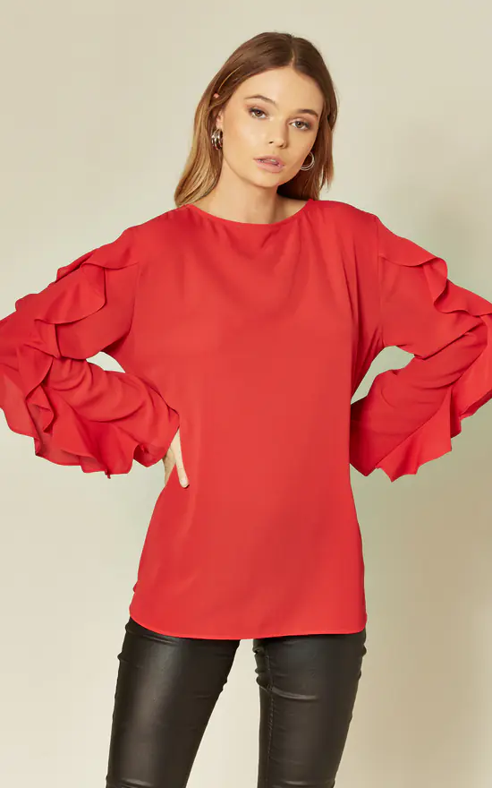 Discount ⭐ HOXTON GAL Crepe Red Oversized Top Ruffle Sleeve Relaxed Fit Blouse ❤️