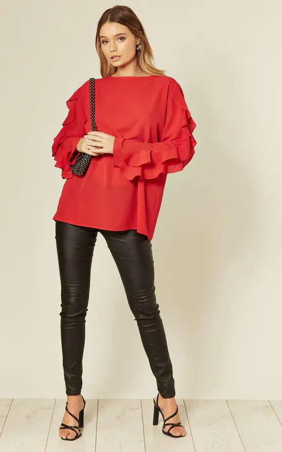 Discount ⭐ HOXTON GAL Crepe Red Oversized Top Ruffle Sleeve Relaxed Fit Blouse ❤️ - Image 2
