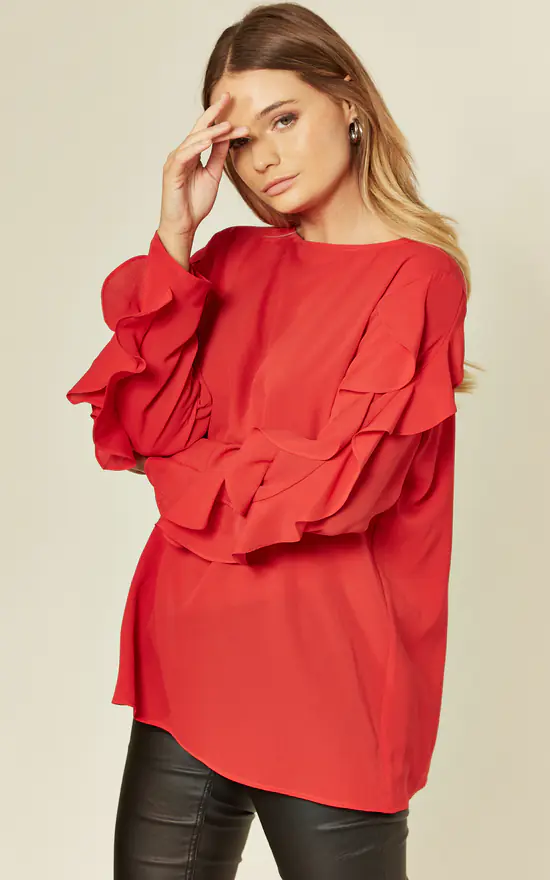 Discount ⭐ HOXTON GAL Crepe Red Oversized Top Ruffle Sleeve Relaxed Fit Blouse ❤️ - Image 3