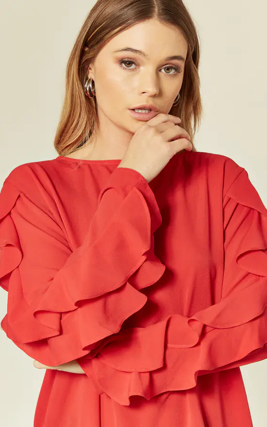 Discount ⭐ HOXTON GAL Crepe Red Oversized Top Ruffle Sleeve Relaxed Fit Blouse ❤️ - Image 4