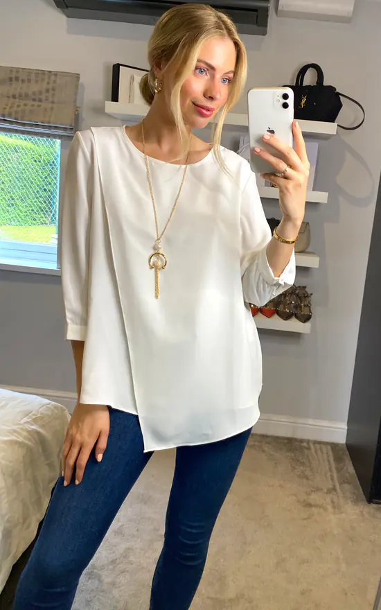 Cheapest ✨ HOXTON GAL Oversized Crepe Asymmetric Blouse In White With Necklace ❤️