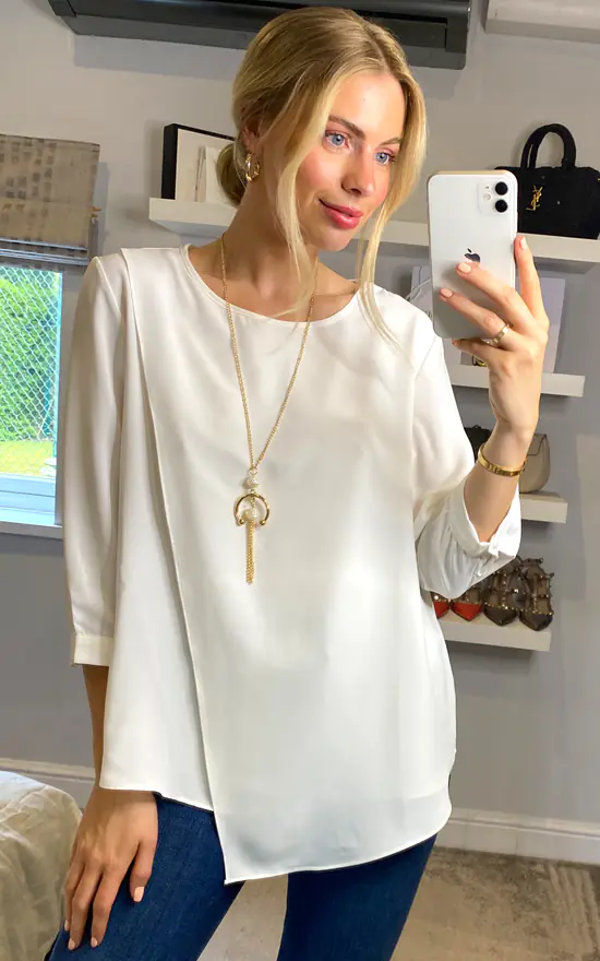 Cheapest ✨ HOXTON GAL Oversized Crepe Asymmetric Blouse In White With Necklace ❤️ - Image 4