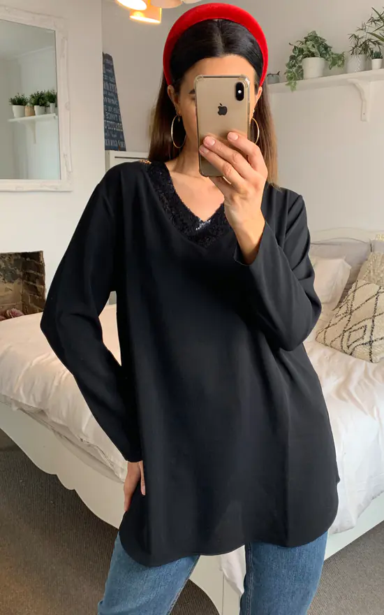 Buy ๐งจ HOXTON GAL Oversized Top With Black Sequin Detail In Black ๐ - Image 2