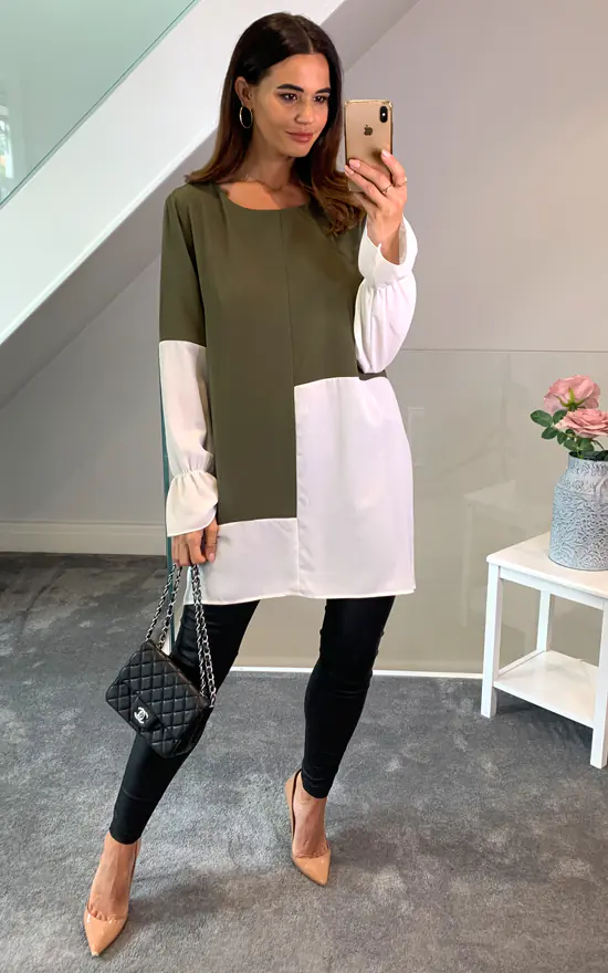 Flash Sale 🛒 HOXTON GAL Oversized Crepe Colour Block Tunic In Green And White ⭐