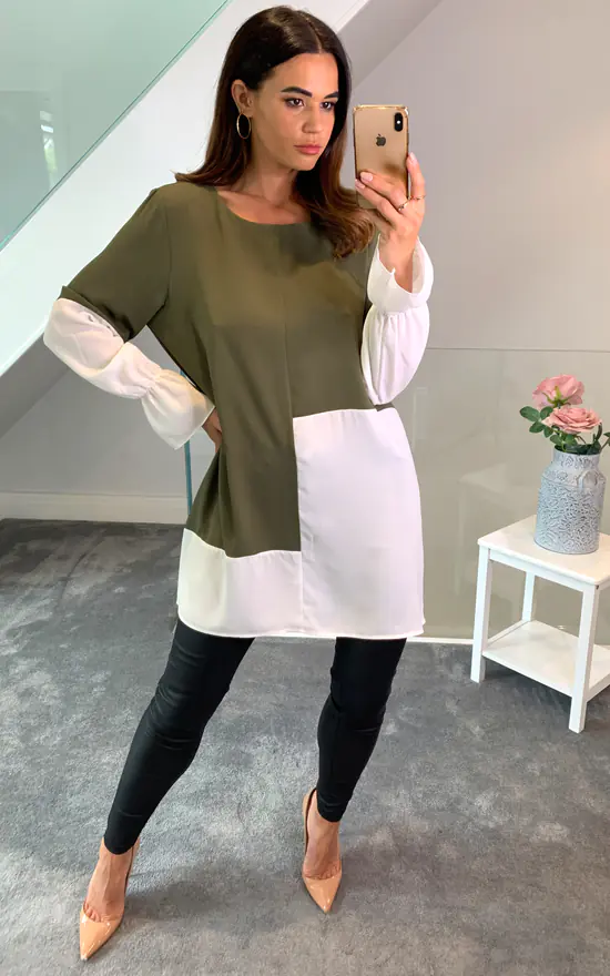 Flash Sale 🛒 HOXTON GAL Oversized Crepe Colour Block Tunic In Green And White ⭐ - Image 2