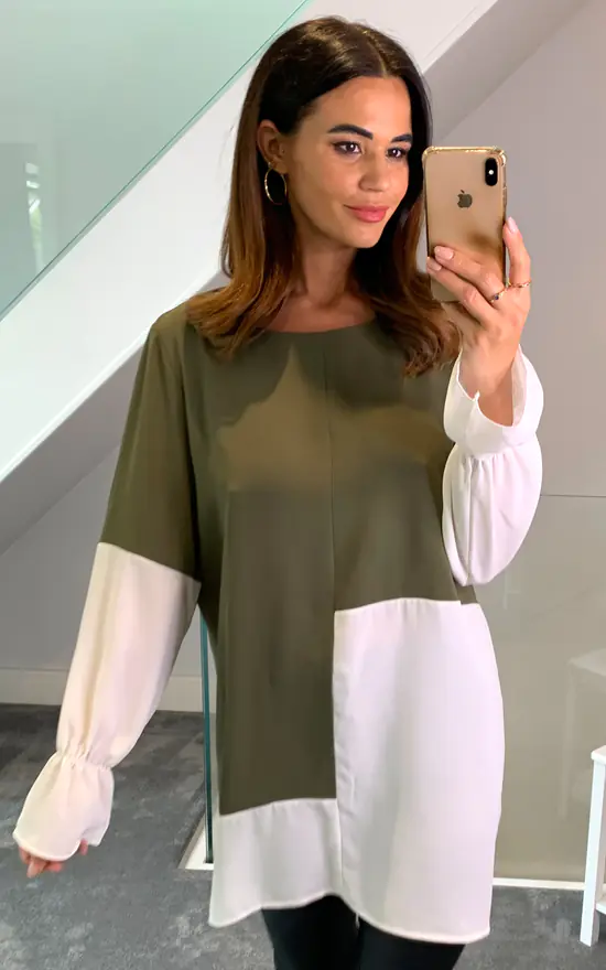Flash Sale 🛒 HOXTON GAL Oversized Crepe Colour Block Tunic In Green And White ⭐ - Image 3