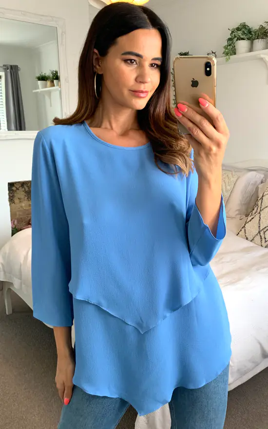 Top 10 โ๏ธ HOXTON GAL Crepe 3/4 Sleeve Relaxed Layered Top With Necklace In Aqua Blue ๐