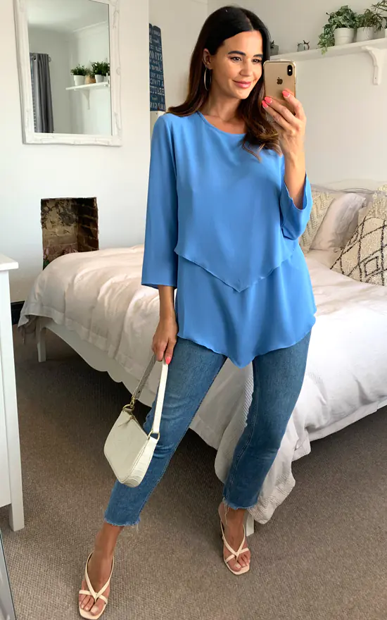 Top 10 โ๏ธ HOXTON GAL Crepe 3/4 Sleeve Relaxed Layered Top With Necklace In Aqua Blue ๐ - Image 2
