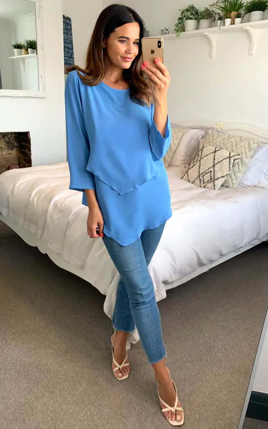 Top 10 โ๏ธ HOXTON GAL Crepe 3/4 Sleeve Relaxed Layered Top With Necklace In Aqua Blue ๐ - Image 3