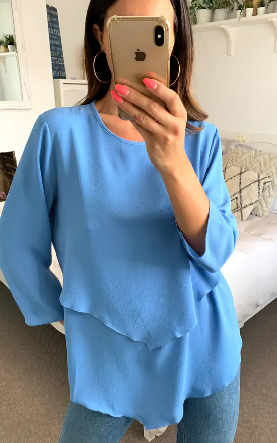 Top 10 โ๏ธ HOXTON GAL Crepe 3/4 Sleeve Relaxed Layered Top With Necklace In Aqua Blue ๐ - Image 4