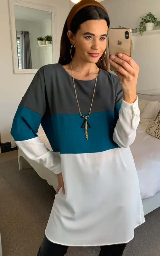 Budget ❤️ HOXTON GAL Oversized Colour Block Tunic In Grey, Blue And White With Necklace 🎉