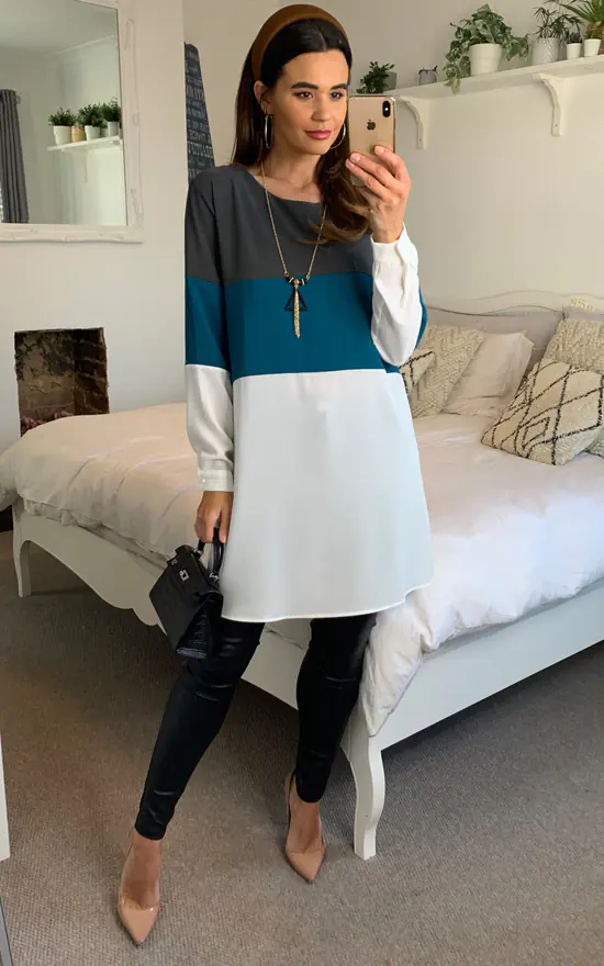 Budget ❤️ HOXTON GAL Oversized Colour Block Tunic In Grey, Blue And White With Necklace 🎉 - Image 2