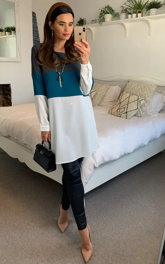 Budget ❤️ HOXTON GAL Oversized Colour Block Tunic In Grey, Blue And White With Necklace 🎉 - Image 4
