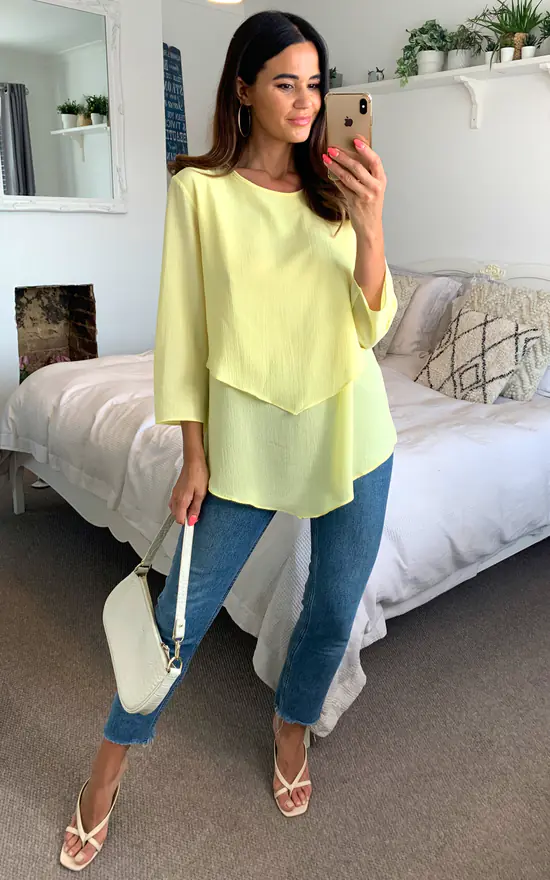 Best reviews of ๐ HOXTON GAL 3/4 Sleeve Relaxed Layered Crepe Top With Necklace In Yellow ๐ - Image 2