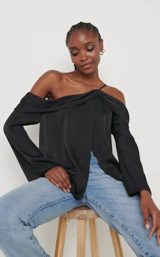 Cheap 👏 Pretty Lavish Estelle One Shoulder Drape Blouse Black ✨