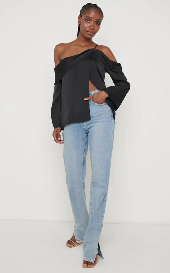Cheap 👏 Pretty Lavish Estelle One Shoulder Drape Blouse Black ✨ - Image 2