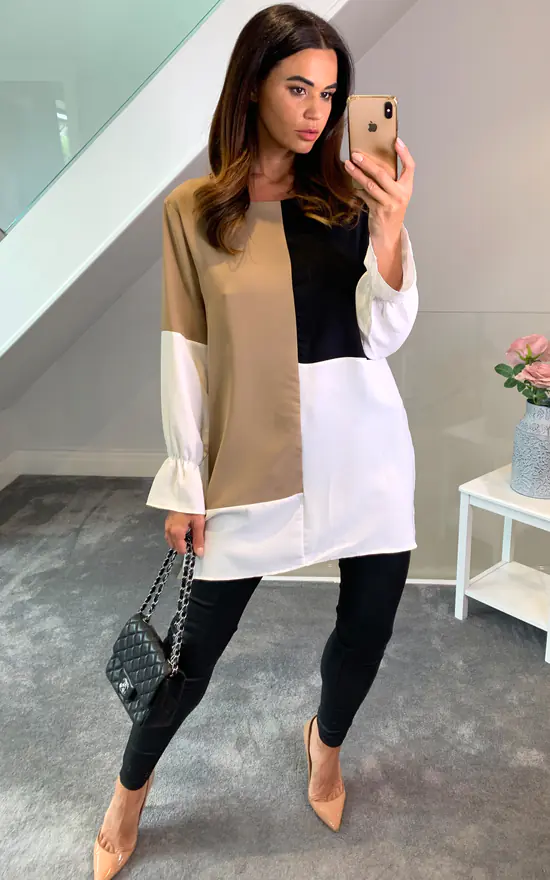 Coupon โ HOXTON GAL Oversized Crepe Colour Block Tunic In Black And Beige ๐งจ - Image 2