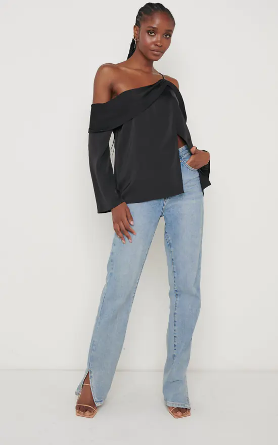 Cheap 👏 Pretty Lavish Estelle One Shoulder Drape Blouse Black ✨ - Image 4