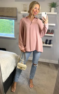 Wholesale 😀 HOXTON GAL Relaxed Fit Button Detailed Top In Pink 🎁