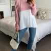 Wholesale 🥰 HOXTON GAL Long Sleeve Relaxed Fit Block Crepe Top With Necklace In Pink And White 🔔