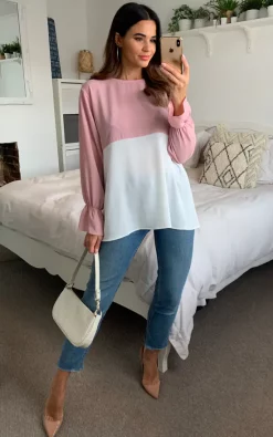 Wholesale 🥰 HOXTON GAL Long Sleeve Relaxed Fit Block Crepe Top With Necklace In Pink And White 🔔