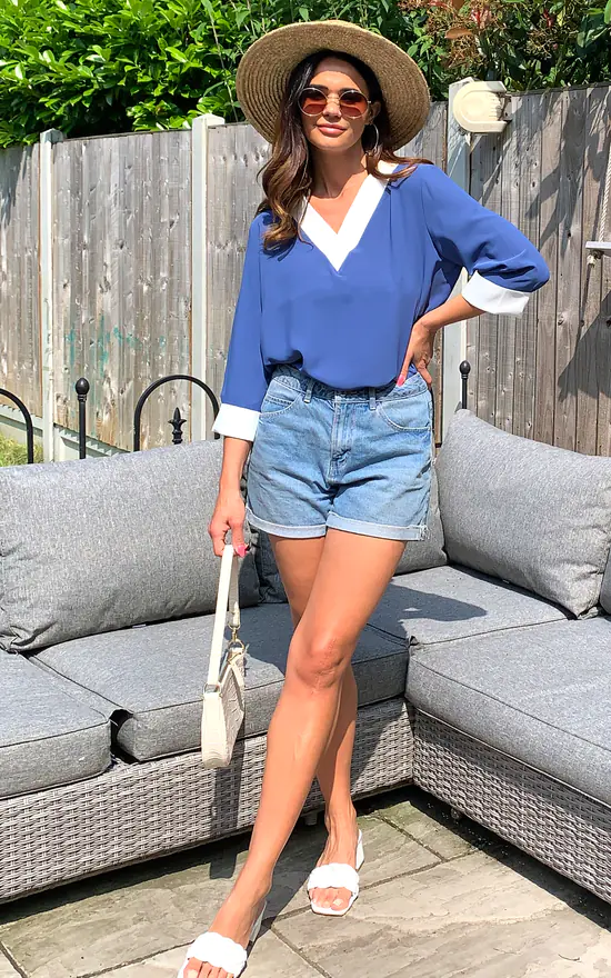 Promo โค๏ธ HOXTON GAL Oversized Top With White Tape Collared Details In Blue ๐