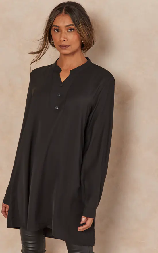 Discount 👍 HOXTON GAL Oversized Long Sleeves Tunic With Button Details In Black 💯 - Image 2