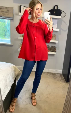 Outlet 👍 HOXTON GAL Long Sleeve Oversized 👚 Shirt In Red 🧨