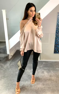 Top 10 🔔 HOXTON GAL Oversized Tie Neck Off Shoulder Top In Cream 🛒