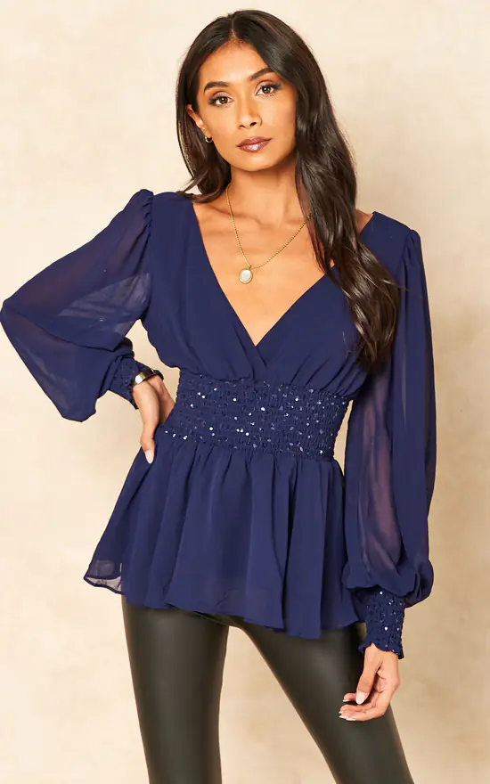 Outlet 🔔 Goddiva Sequin Chiffon Puffy Sleeve Top In Navy 🌟 - Image 3