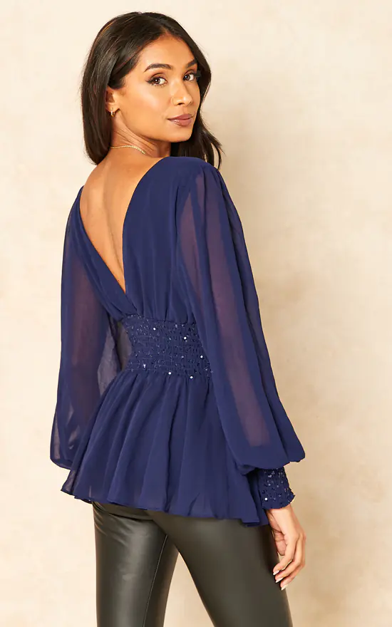 Outlet 🔔 Goddiva Sequin Chiffon Puffy Sleeve Top In Navy 🌟 - Image 4