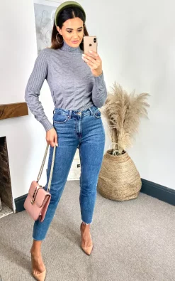 Wholesale 😉 Off The Railz Grey Ruched Body Long Sleeve Knitted Top With Ribbed Roll Neck ⭐