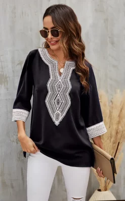 Best Sale 🥰 FS Collection White Lace Detail Top In Black 🎁