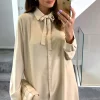 Brand new 😍 HOXTON GAL Oversized Tie Detailed Tunic 👚 Shirt With Long Sleeves In Beige 🌟