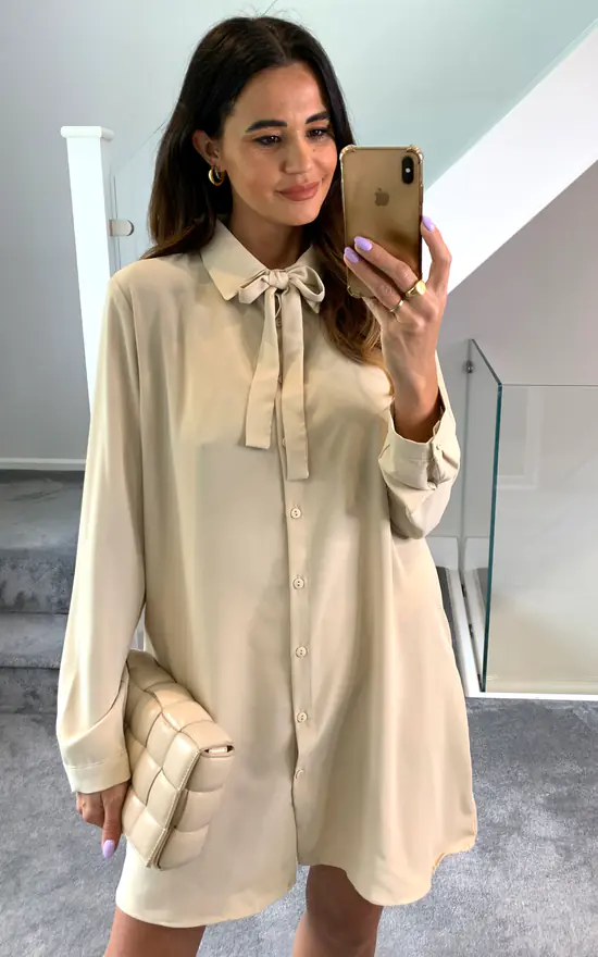 Brand new ๐ HOXTON GAL Oversized Tie Detailed Tunic ๐ Shirt With Long Sleeves In Beige ๐