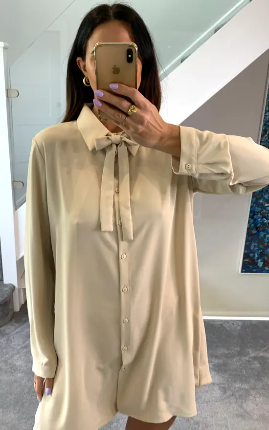 Brand new ๐ HOXTON GAL Oversized Tie Detailed Tunic ๐ Shirt With Long Sleeves In Beige ๐ - Image 3