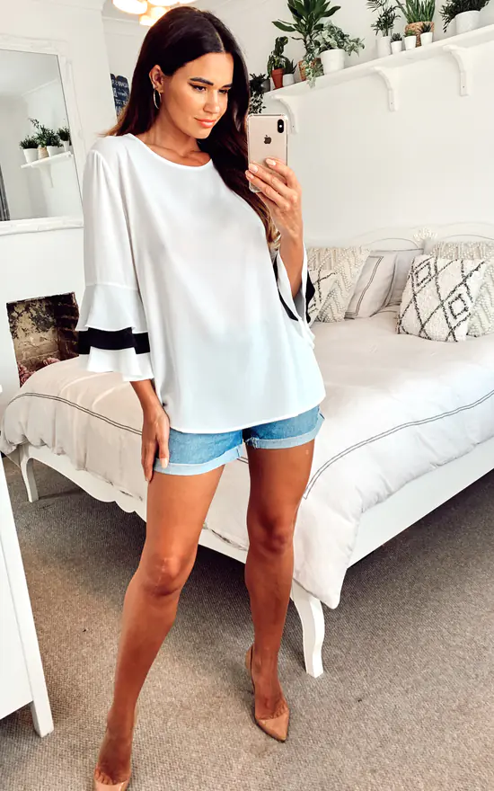 Budget ๐ HOXTON GAL 3/4 Sleeve Oversized Top With Trim Detail In White โ