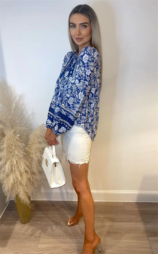 Outlet ✨ Miss Floral Long Sleeve Floral Boho Top In Blue ✨ - Image 3