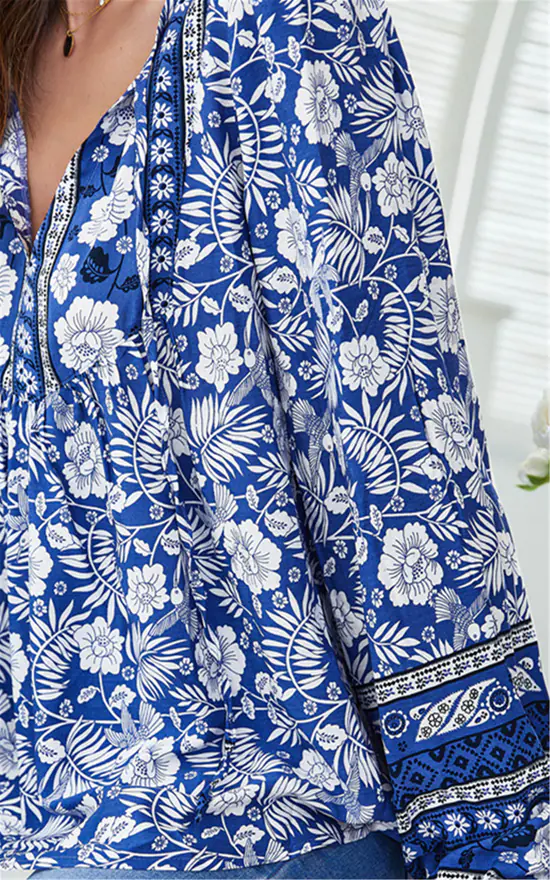 Outlet ✨ Miss Floral Long Sleeve Floral Boho Top In Blue ✨ - Image 4