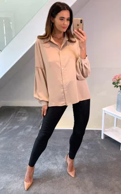 New 🛒 HOXTON GAL Oversized Patchwork Sleeves 👚 Shirt In Beige ⭐