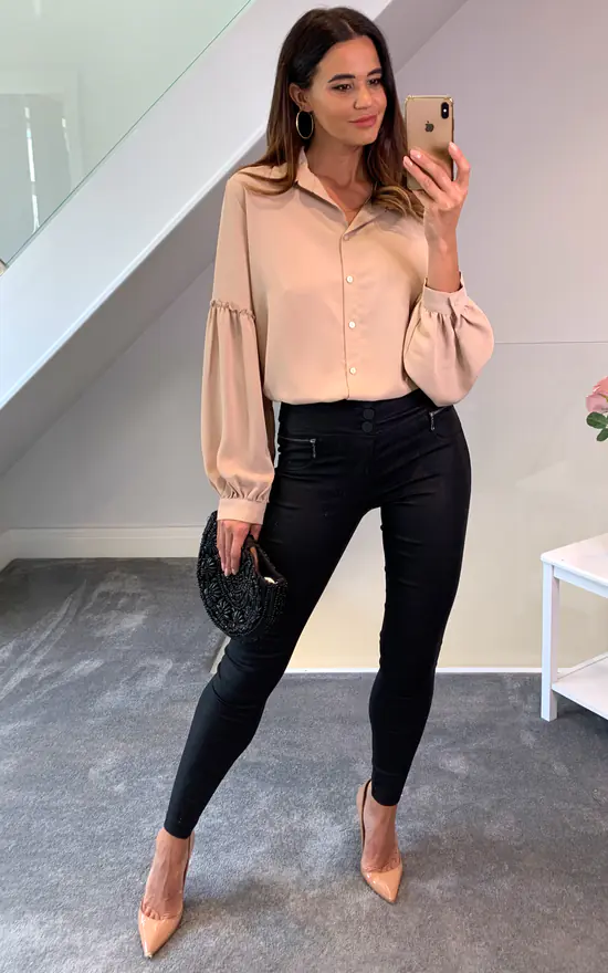 New 🛒 HOXTON GAL Oversized Patchwork Sleeves 👚 Shirt In Beige ⭐ - Image 2