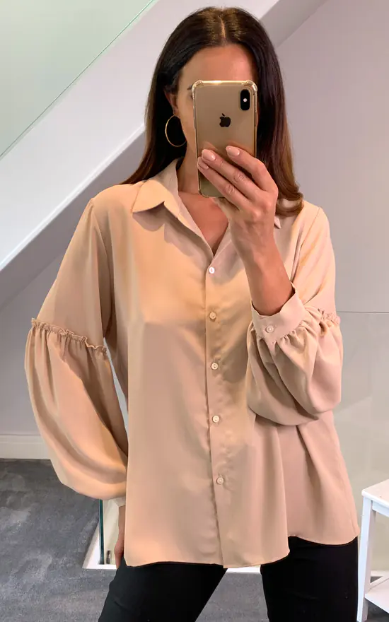 New 🛒 HOXTON GAL Oversized Patchwork Sleeves 👚 Shirt In Beige ⭐ - Image 3