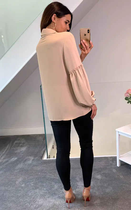 New 🛒 HOXTON GAL Oversized Patchwork Sleeves 👚 Shirt In Beige ⭐ - Image 4