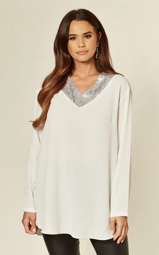 Hot Sale ๐ HOXTON GAL White Sequin Details Oversized Top โค๏ธ