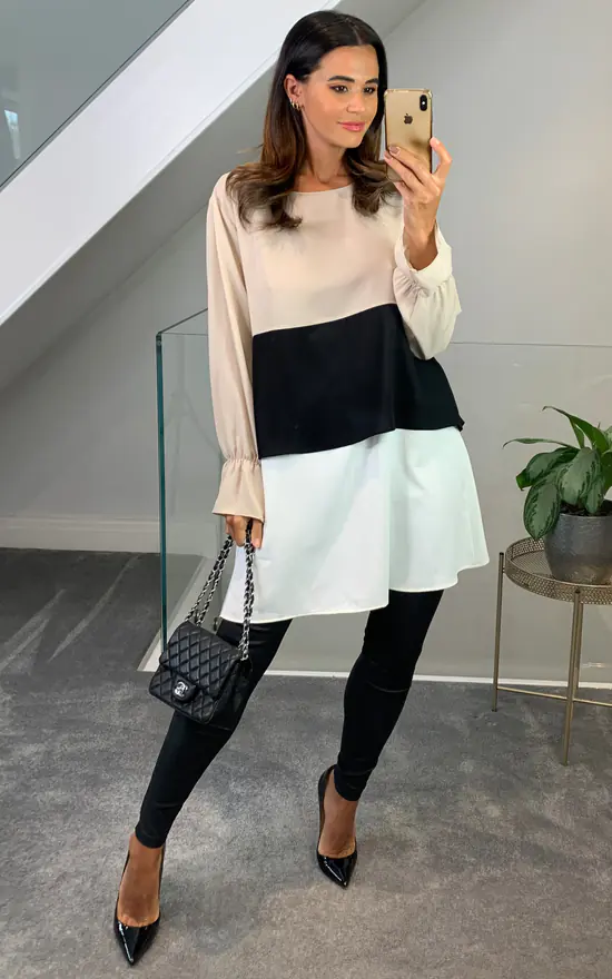 Best deal 🎉 HOXTON GAL Oversized Crepe Colour Block Tunic In Beige, Black And White 😀 - Image 2