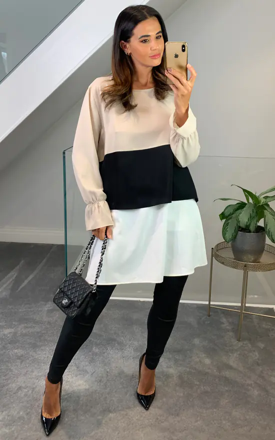 Best deal 🎉 HOXTON GAL Oversized Crepe Colour Block Tunic In Beige, Black And White 😀 - Image 3