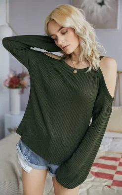 Hot Sale 🧨 FS Collection Cold Shoulder Long Sleeve Top In Olive Green 💯