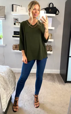 Wholesale 😀 HOXTON GAL Oversized Top With Collar Details In Khaki 💯