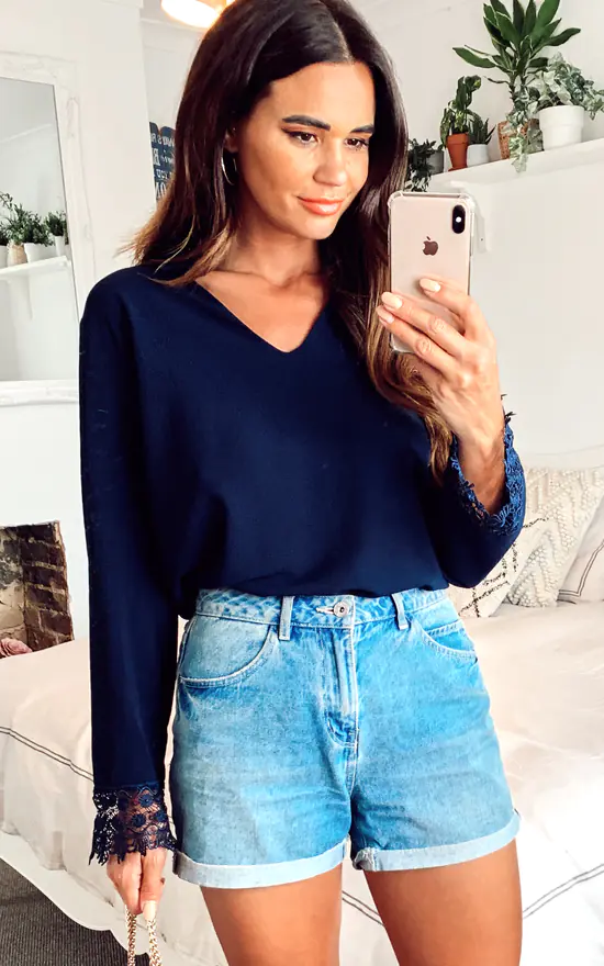 Brand new 👍 HOXTON GAL V Neck Oversized Top With Lace Detail In Navy 🔔 - Image 2